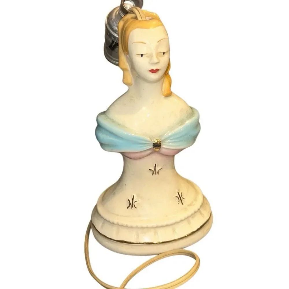 Working Vintage Colonial Porcelain Lamp 11-1/2" Tall, period clothing, woman